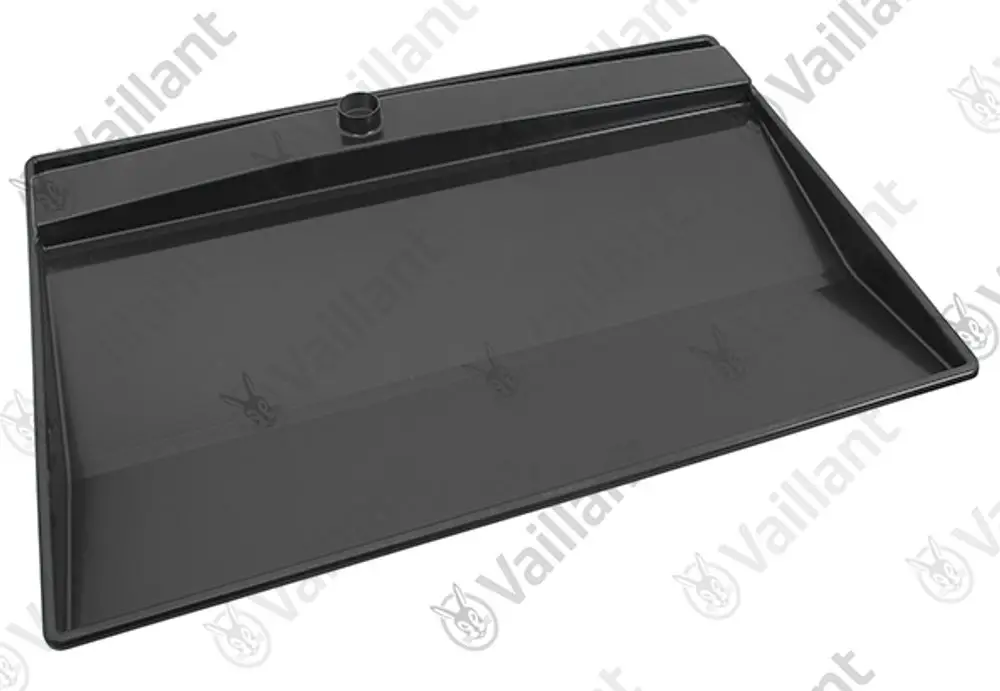 Schwarze Wasserablaufschale von Vaillant mit einer geneigten Form und einem zentralen Ablaufschacht. Ideal für die Ableitung von Kondenswasser.